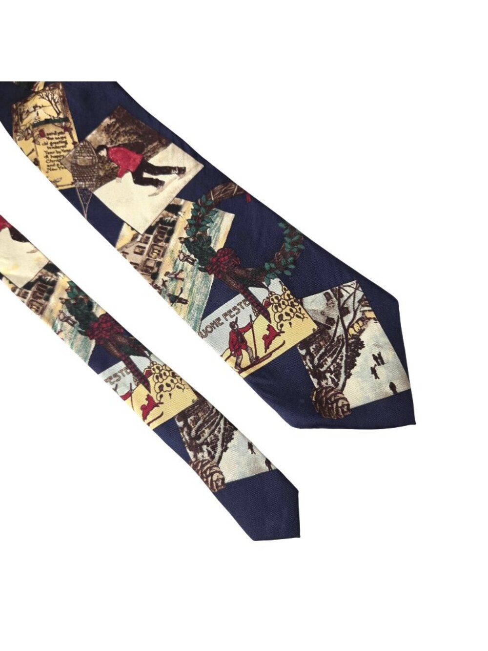 Vintage Mens Structure Holiday-Themed 100% Silk Tie Winter Scene Navy/Multi